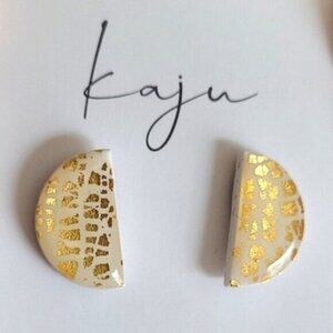 KAJU Resin White Gold Leaf Geometric Celestial Half Moon Stud Earrings
